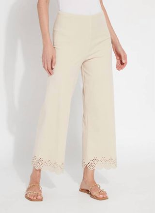 Lyssé Cropped Embroidered Eyelet Wide Leg Pant In Light Almond