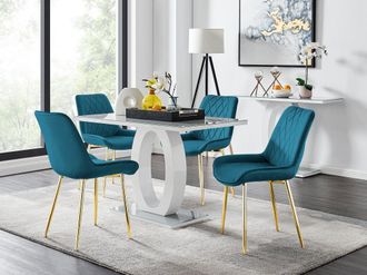 Furniturebox Giovani 4 Grey Dining Table & 4 Pesaro Gold Leg Chairs in Blue