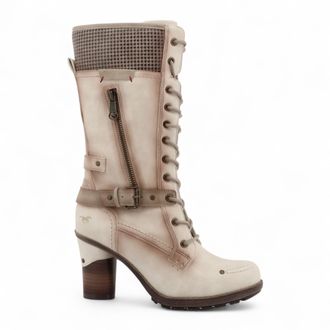 Mustang Womens Cream White Mid-Calf Lace Up Heeled Combat Boots