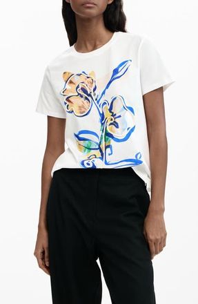 Desigual Floral Cord Embellished Cotton T-Shirt in White at Nordstrom, Size Small