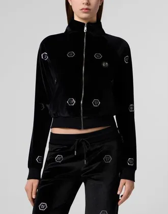 Philipp Plein Chenille Tracksuit Jacket Mini Monogram Crystal Monogram Women in Black at Nordstrom, Size X-Small