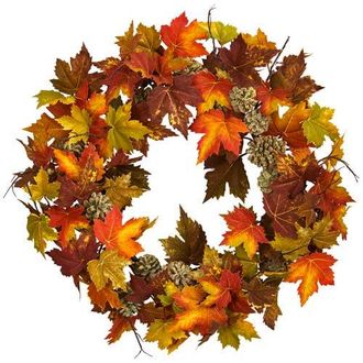 Nearly Natural 24-in Maple and Pinecone Wreath in Orange at Nordstrom