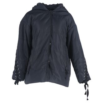 Maje Quilted Braided Lace Detail Hooded Jacket in Navy Blue Polyester