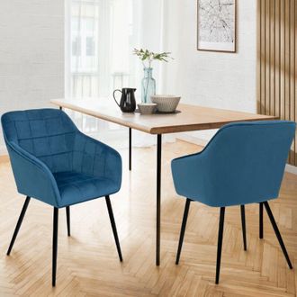 IDMarket Idmarket - Lote De 2 Sillas De Comedor Mady De Terciopelo Azul Pato Con Reposabrazos