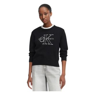 Calvin Klein Jeans Logo Geborduurde Ronde Hals Trui - Dames - Ronde hals truien - Zwart - XS - Katoen - Truien & Vesten