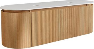 Vente-Unique Mueble de ba&ntilde;o suspendido estriado en madera de fresno con encimera de piedra sinterizada mate - Natural claro - An. 150 cm - LILIKO