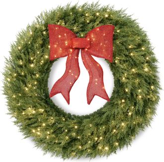 Best Choice Products 30in Artificial Christmas Wreath w/Twinkling LEDs, Large Pre-Lit Cedar Cypress w/ Lighted Bow Decor