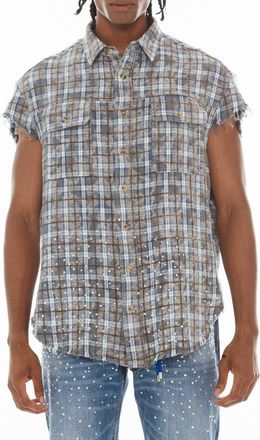 Cult of Individuality Plaid Short Sleeve Cotton Button-Up Shirt in Sky Blue at Nordstrom, Size Xx-Large