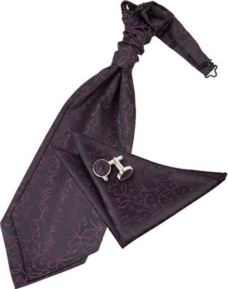 DQT Premium Woven Microfibre Swirl Patterned Black and Purple Mens Formal Casual Wedding Scrunchie Pre-Tied Cravat with Matching Handkerchief Pocket Squar