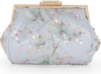 Badgley Mischka Iris Floral Embroidered and Sequin Signature Pouch Clutch in Blue at Nordstrom, Size Small