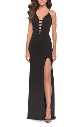 La Femme Fitted Matte Jersey Gown with Unique Deep V Neckline in Black at Nordstrom, Size 4
