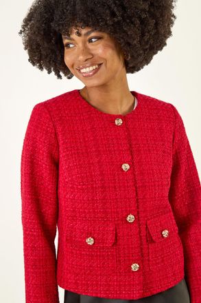 Roman Collarless Buttoned Boucle Jacket