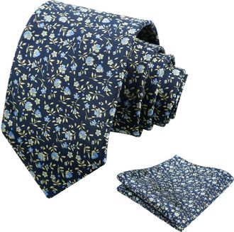 Alizeal Mens Small Floral Necktie Elegant Classic for Weddings Groom Party Novelty Flower Tie and Hanky Set, Navy+Yellow+Blue