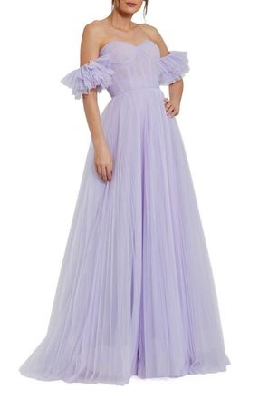 Mac Duggal Off The Shoulder Flutter Sleeve Tulle A Line Gown in Lilac at Nordstrom, Size 14