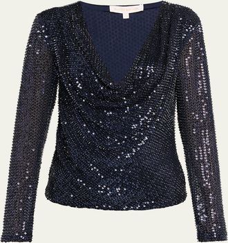 Ramy Brook Leon Sequined Cowl-Neck Blouse