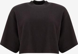 Alaia Bauchfreies weites Feinstrick-T-Shirt mit Stehkragen