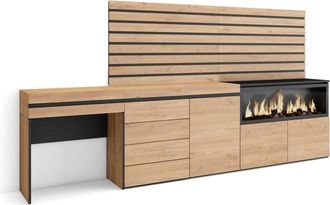 Skraut Home Tocador efecto madera roble 284x35x145cm chimenea efecto fuego