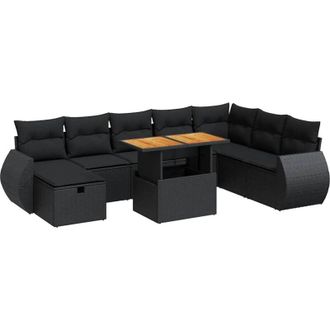vidaXL Set Sof&aacute;s Jard&iacute;n Y Cojines 9 Pzas Rat&aacute;n Sint&eacute;tico Acacia Negro