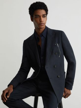 Reiss Navy Linen Double-breasted Suit Blazer Tailored-fit, 46