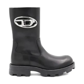 Diesel Rain Boots, female, Black, Size: 7 US Black Leather Chunky Boots Side Zip