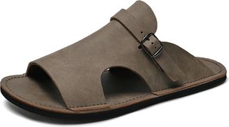 Generic Mens Genuine Leather Flat Slides Sandals Fashion Open Toe Slip On Non Slip Outdoor Casual Slippers Summer Lightweight Beach Sandals (Brown,11.5)