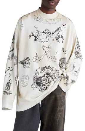 Balenciaga Tattoo Distressed Long Sleeve Cotton Graphic T-Shirt in Off White/Black at Nordstrom, Size 4