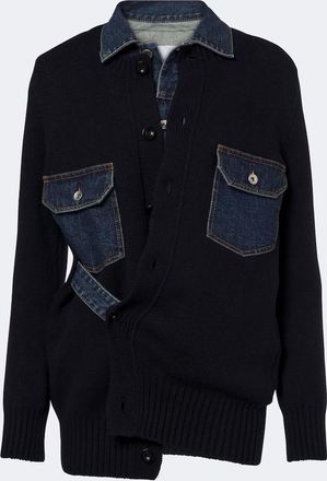 sacai C&aacute;rdigan en mezcla de lana con denim a capas