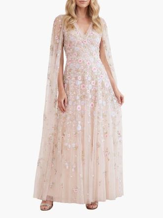 Needle & Thread Ethereal Blooms Cape Sleeve Ankle Gown in Cream/multi at Nordstrom, Size 16