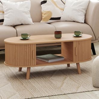 IDMarket Mesa De Centro Oval Romie, 100 Cm, 2 Puertas Correderas, Listones De Madera Color Roble