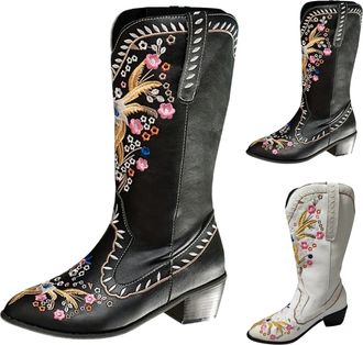 Generic Womens Cowboy Boots Flower Embroidered Pointed Toe Retro Slip On Chunky Mid-Heels Western Cowgirls Boots Wide Fit Retro Leather Western Cowboy Half-He