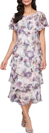 S.L. Fashions Tiered Floral Midi Dress in Blush Multi at Nordstrom, Size 16
