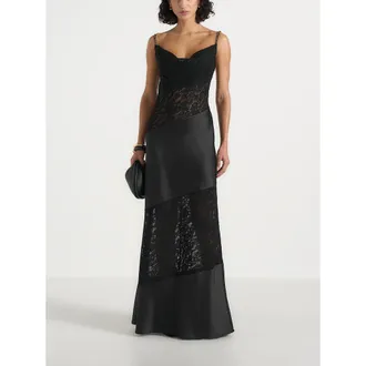 Mani&egrave;re De Voir Naya Asymmetric Lace Maxi Dress in Black at Nordstrom, Size 12