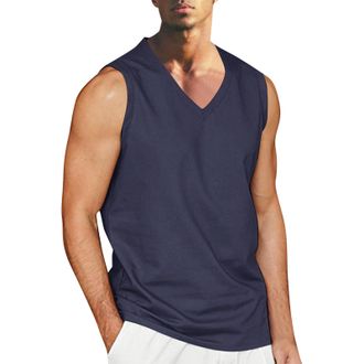 Generic Linen Shirts Men - Mens Grandad Shirt Casual Sleeveless Summer Hippie Shirts Loose Fit Tops for Men V-Neck Lightweight Beach T Shirts Dark Blue