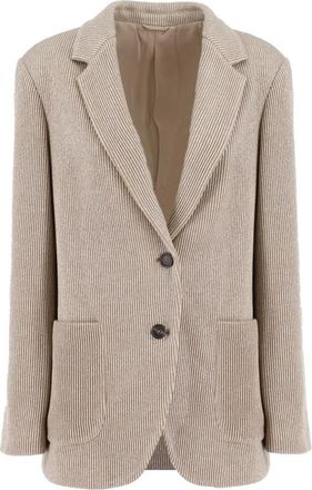 Brunello Cucinelli Geribbelde Jas met Borduursel op de Rug - Dames - Blazers - Beige - M - Katoen - Jassen