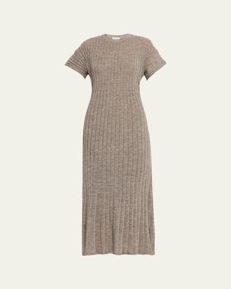 Brunello Cucinelli Metallic Linen Rib Short-Sleeve Midi Dress