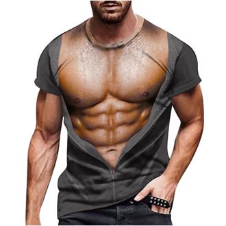 Generic Fake Muscle 3d Printed T-shirt Men Sale Clearance Short Sleeve Crew Neck Tee Top Funny Graphic Under Clothes Hipster Workout Shirt Chest Six Pack Abs 
