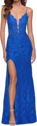 La Femme Stretch Lace Long Dress With Slit In Royal Blue