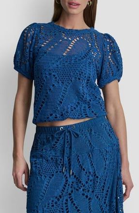 DKNY Leaf Open Stitch Cotton Blend Knit Top in Admiral at Nordstrom Rack, Size X-Large