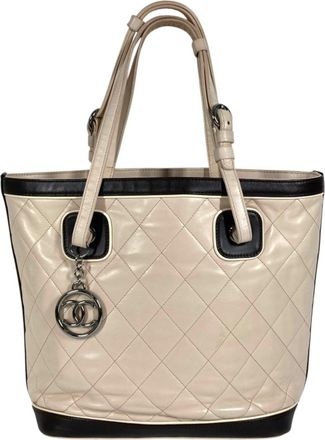 Chanel Beige Black Leather Shoulder Bag Tote Bag (Pre-Owned)