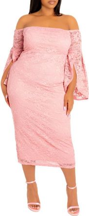 Buxom Couture Lace Off-the-Shoulder Midi Dress in Mauve at Nordstrom, Size 1X