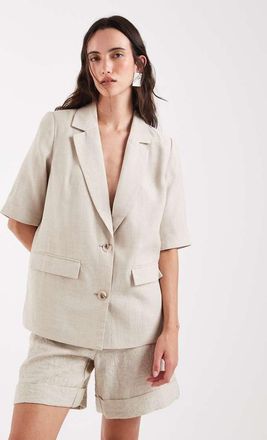 Pieces Blazer sartoriale a maniche corte color crema effetto lino in coordinato-Bianco