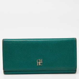 Carolina Herrera Green Leather Flap Trifold Continental Wallet