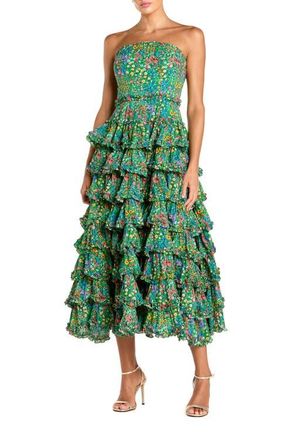 Mac Duggal Floral Cotton Strapless Tiered Ruffle Midi Dress in Green Multi at Nordstrom, Size 12