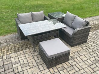 Fimous Garden Patio Furniture Wicker Rattan Oblong Rectangular Dining Table & Loveseat Sofa set with Side Table Footstool in Dark Grey