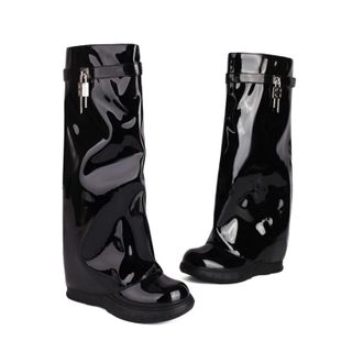 Generic Womens Round Toe Knee High Boots Patent PU Leather With Adjustable Buckle Strap Chunky Platform Slip-On Design Smooth Upper Supportive Fit,Black,4.5 U
