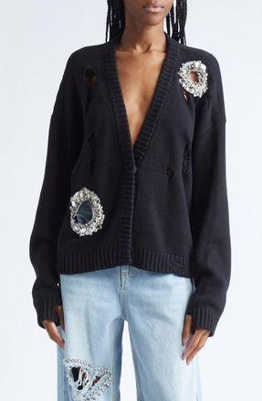 Area Distressed Crystal Cotton & Cashmere Cardigan in Black at Nordstrom, Size Large