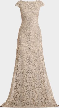 Tadashi Shoji Hoyt Embroidered Cap-Sleeve Gown