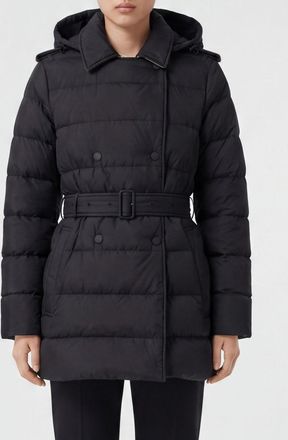 Burberry Piumino corto doppiopetto in nylon trapuntato con cappuccio e cintura