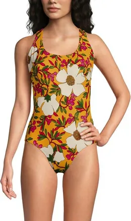 Lands End Chlorine Resistant Scoop Neck X-Back High Leg Soft Cup Tugless Sporty One Piece Swimsuit in Sweet Mango Floral Blossom at Nordstrom, Size 4