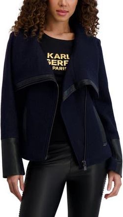 Karl Lagerfeld Wool Blend & Faux Leather Asymmetric Jacket in Navy at Nordstrom Rack, Size X-Small